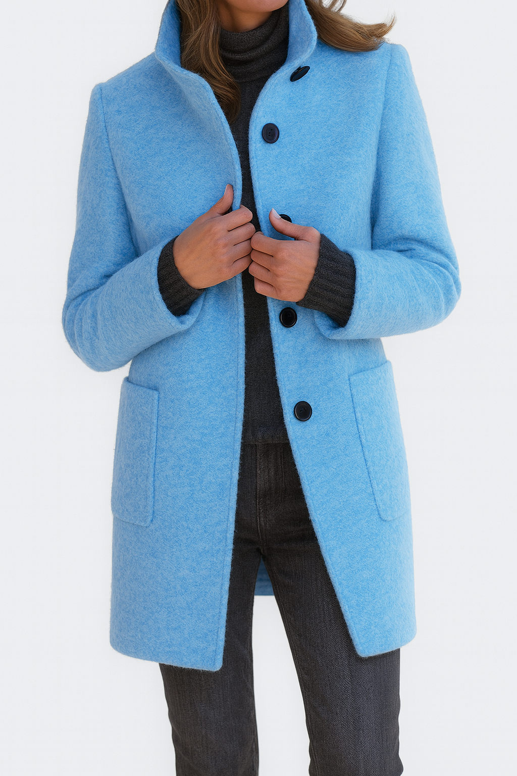 Women's Stand Collar Mid-Length Coat with Front Pockets 10