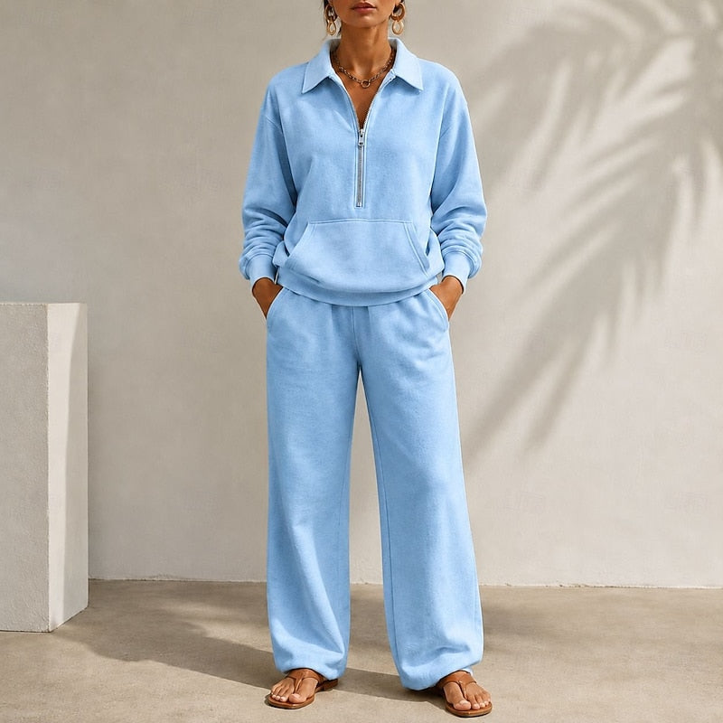 Women's Zip-Collar Two-Piece Set with Wide-Leg Trousers 4